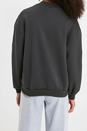 Tarz Relaxed Dik Yaka Düşük Kol Regular Kalın İçi Polarlı Rahat Kalıp Örme Sweatshirt