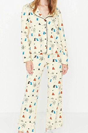 Tarz Rahat Uzun Kollu Boru Paça %100 Pamuklu Desenli Örme Pijama Takımı
