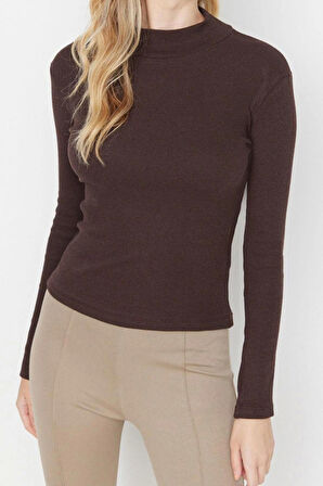 Moda Dik Yaka Örme Slim Düz Desen Casual Günlük Regular Uzun Kol Bluz