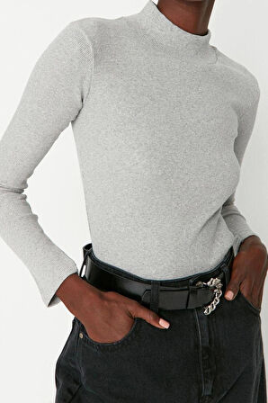 Moda Dik Yaka Örme Slim Düz Desen Casual Günlük Regular Uzun Kol Bluz