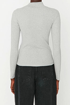 Moda Dik Yaka Örme Slim Düz Desen Casual Günlük Regular Uzun Kol Bluz