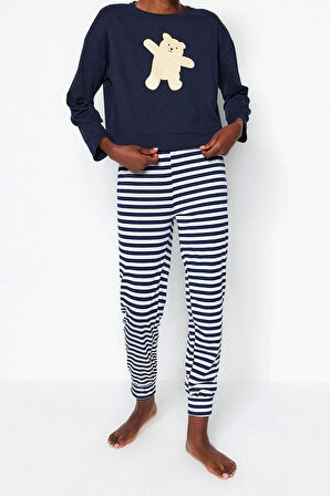 Tarz Rahat Uzun Kollu Lastikli Paça %100 Pamuklu Ayıcık Baskılı Örme Pijama Takımı