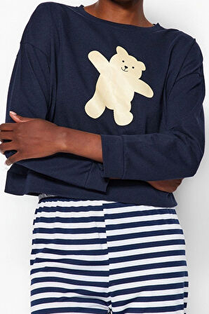 Tarz Rahat Uzun Kollu Lastikli Paça %100 Pamuklu Ayıcık Baskılı Örme Pijama Takımı