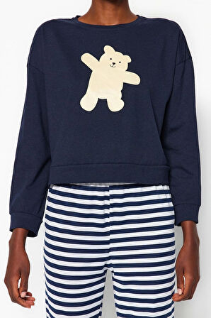 Tarz Rahat Uzun Kollu Lastikli Paça %100 Pamuklu Ayıcık Baskılı Örme Pijama Takımı