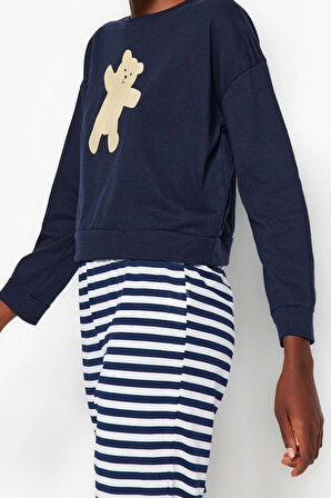 Tarz Rahat Uzun Kollu Lastikli Paça %100 Pamuklu Ayıcık Baskılı Örme Pijama Takımı