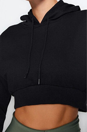 Tarz Regular Kapüşonlu Düşük Kol Crop Pamuklu Crop İçi Polarlı Örme Spor Sweatshirt