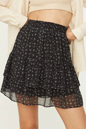 Moda A-line Çiçekli Desen Günlük Mini Boy Astarlı Volanlı Şifon Mini Dokuma Etek