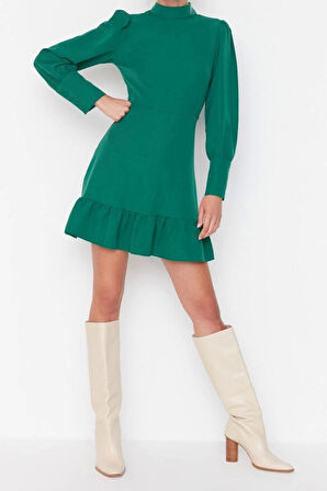 Moda Regular Business Finike Dokuma Dik Yaka Uzun Kol A-Line Mini Boy Elbise