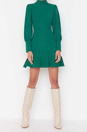 Moda Regular Business Finike Dokuma Dik Yaka Uzun Kol A-Line Mini Boy Elbise