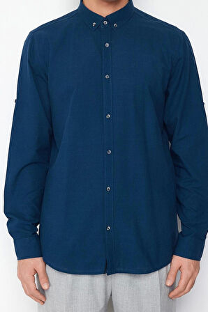 Moda Erkek Düğmeli Yaka Düz Desen Günlük Apoletli Uzun Kollu %100 Pamuklu Gömlek