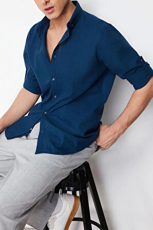 Moda Erkek Düğmeli Yaka Düz Desen Günlük Apoletli Uzun Kollu %100 Pamuklu Gömlek