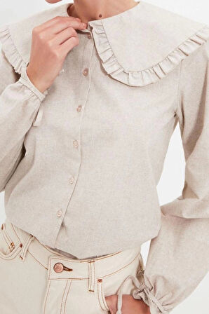 Moda Kadın Bebe Yaka Düz Desen Günlük Büyük Yaka Detaylı Dokuma Gömlek