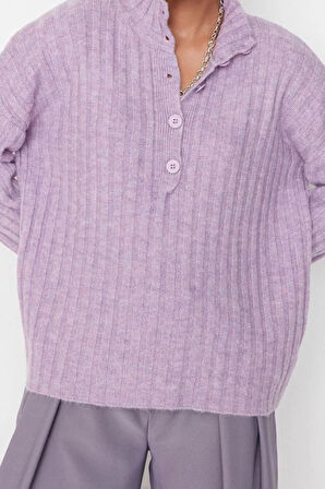 Kadın Modern Tarz Rahat Uzun Dik Yaka Düz Kol Regular Triko Kazak