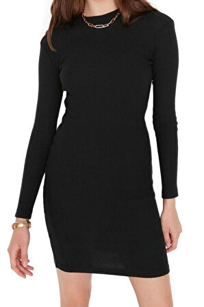 Moda Slim Casual Günlük Rejenere Kaşkorse Örme Dik Yaka Uzun Kol Bodycone Mini Boy Elbise