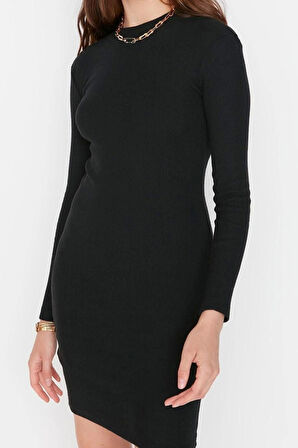 Moda Slim Casual Günlük Rejenere Kaşkorse Örme Dik Yaka Uzun Kol Bodycone Mini Boy Elbise