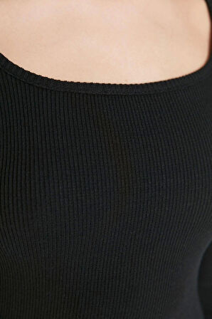 Moda Stil Slim Havuz Yaka Mini Boy Vücuda Oturan Yırtmaçlı Bisiklet Yaka Fitilli Esnek Örme Elbise