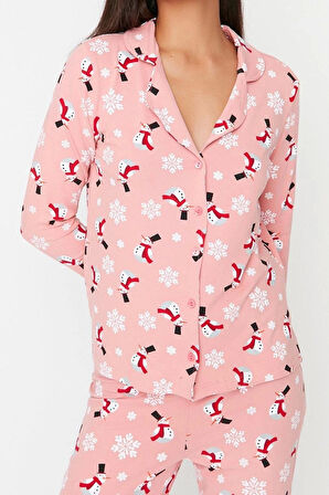 Tarz Rahat Uzun Kollu Boru Paça %100 Pamuk Yılbaşı Temalı Örme Pijama Takımı