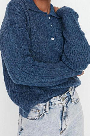 Kadın Modern Tarz Rahat Uzun Polo Yaka Saç Örgü Kol Regular Triko Kazak