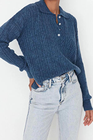 Kadın Modern Tarz Rahat Uzun Polo Yaka Saç Örgü Kol Regular Triko Kazak