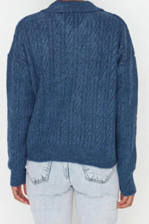 Kadın Modern Tarz Rahat Uzun Polo Yaka Saç Örgü Kol Regular Triko Kazak