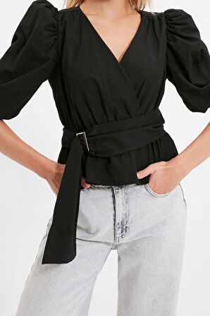 Moda Kruvaze Dokuma Regular Düz Desen Casual Günlük Regular Uzun Kol Bluz