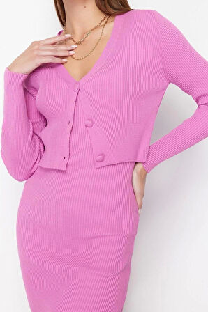 Moda Slim Casual Günlük Fitilli Triko V Yaka Uzun Kol Bodycone Midi Boy Elbise