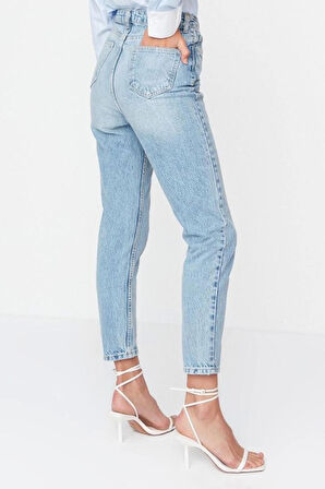 Stil Kadın Moda Denim Kot Pantolon Regular Dar Paça Yüksek Bel Mom Jeans