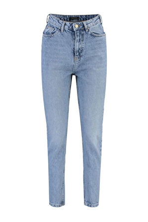 Stil Kadın Moda Denim Kot Pantolon Regular Dar Paça Yüksek Bel Mom Jeans