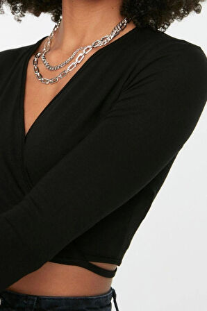 Moda Kruvaze Örme Slim Fit Düz Desen Casual Günlük Crop Uzun Kol Bluz