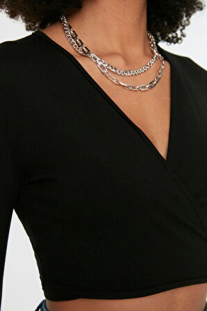 Moda Kruvaze Örme Slim Fit Düz Desen Casual Günlük Crop Uzun Kol Bluz