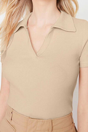Moda Polo Yaka Örme Slim Slogan Desen Casual Günlük Crop Kısa Kol Bluz