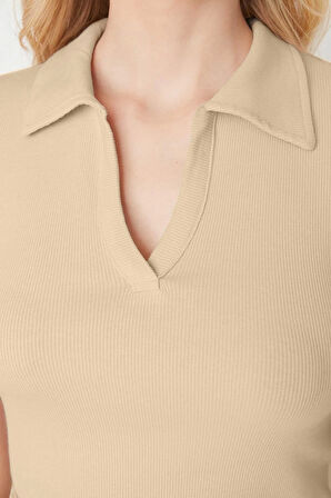 Moda Polo Yaka Örme Slim Slogan Desen Casual Günlük Crop Kısa Kol Bluz