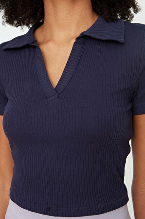 Moda Polo Yaka Örme Slim Slogan Desen Casual Günlük Crop Kısa Kol Bluz