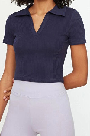 Moda Polo Yaka Örme Slim Slogan Desen Casual Günlük Crop Kısa Kol Bluz