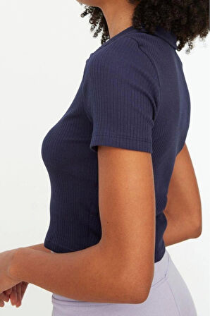 Moda Polo Yaka Örme Slim Slogan Desen Casual Günlük Crop Kısa Kol Bluz