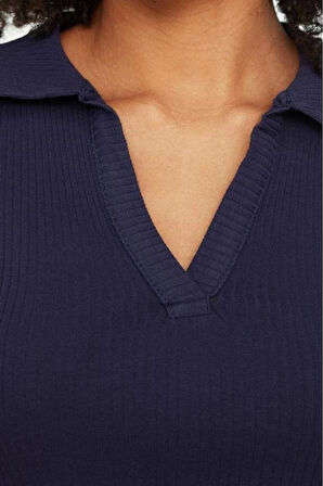 Moda Polo Yaka Örme Slim Slogan Desen Casual Günlük Crop Kısa Kol Bluz