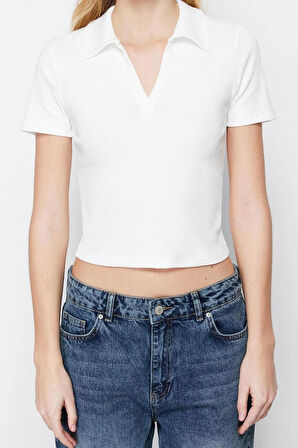 Moda Polo Yaka Örme Slim Slogan Desen Casual Günlük Crop Kısa Kol Bluz