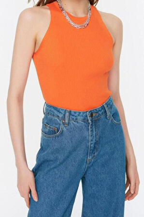 Moda Bisiklet Yaka Triko Slim Düz Desen Casual Günlük Regular Askılı Kol Bluz