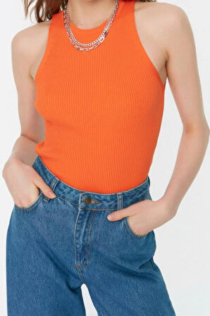 Moda Bisiklet Yaka Triko Slim Düz Desen Casual Günlük Regular Askılı Kol Bluz