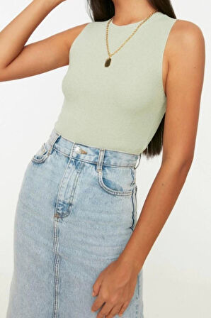 Moda Bisiklet Yaka Triko Slim Düz Desen Casual Günlük Crop Kolsuz Bluz
