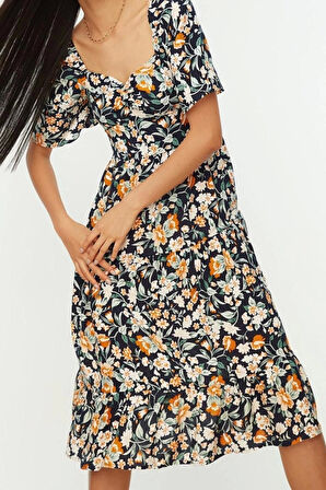 Moda Regular Casual Günlük Shally Dokuma Kalp Yaka Kısa Kol A-Line Midi Boy Elbise