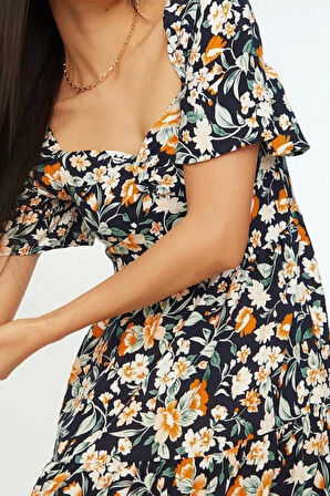 Moda Regular Casual Günlük Shally Dokuma Kalp Yaka Kısa Kol A-Line Midi Boy Elbise