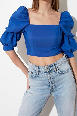 Moda Kare Yaka Dokuma Fit Düz Desen Casual Günlük Crop Truvakar Kol Kol Bluz