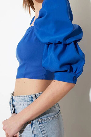 Moda Kare Yaka Dokuma Fit Düz Desen Casual Günlük Crop Truvakar Kol Kol Bluz