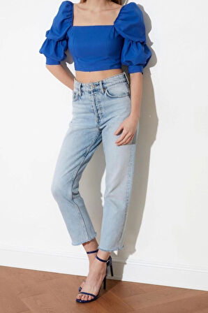 Moda Kare Yaka Dokuma Fit Düz Desen Casual Günlük Crop Truvakar Kol Kol Bluz