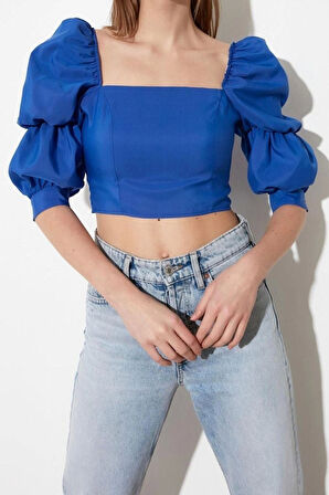 Moda Kare Yaka Dokuma Fit Düz Desen Casual Günlük Crop Truvakar Kol Kol Bluz