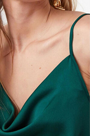 Moda Degaje Yaka Dokuma Regular Düz Desen Casual Günlük Regular Askılı Kol Bluz