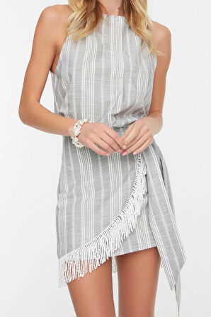 Moda Çizgili Halter Yaka Casual Günlük Gri Çizgili Dokuma Püsküllü Bluz Etek Takım