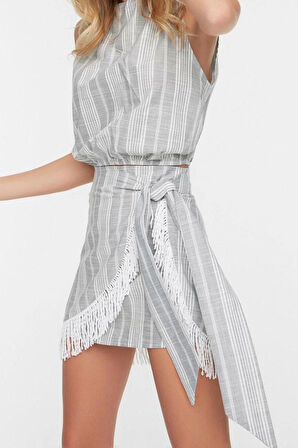 Moda Çizgili Halter Yaka Casual Günlük Gri Çizgili Dokuma Püsküllü Bluz Etek Takım