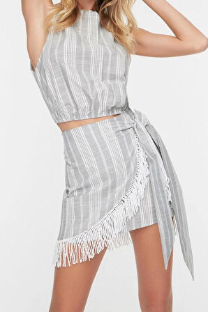 Moda Çizgili Halter Yaka Casual Günlük Gri Çizgili Dokuma Püsküllü Bluz Etek Takım